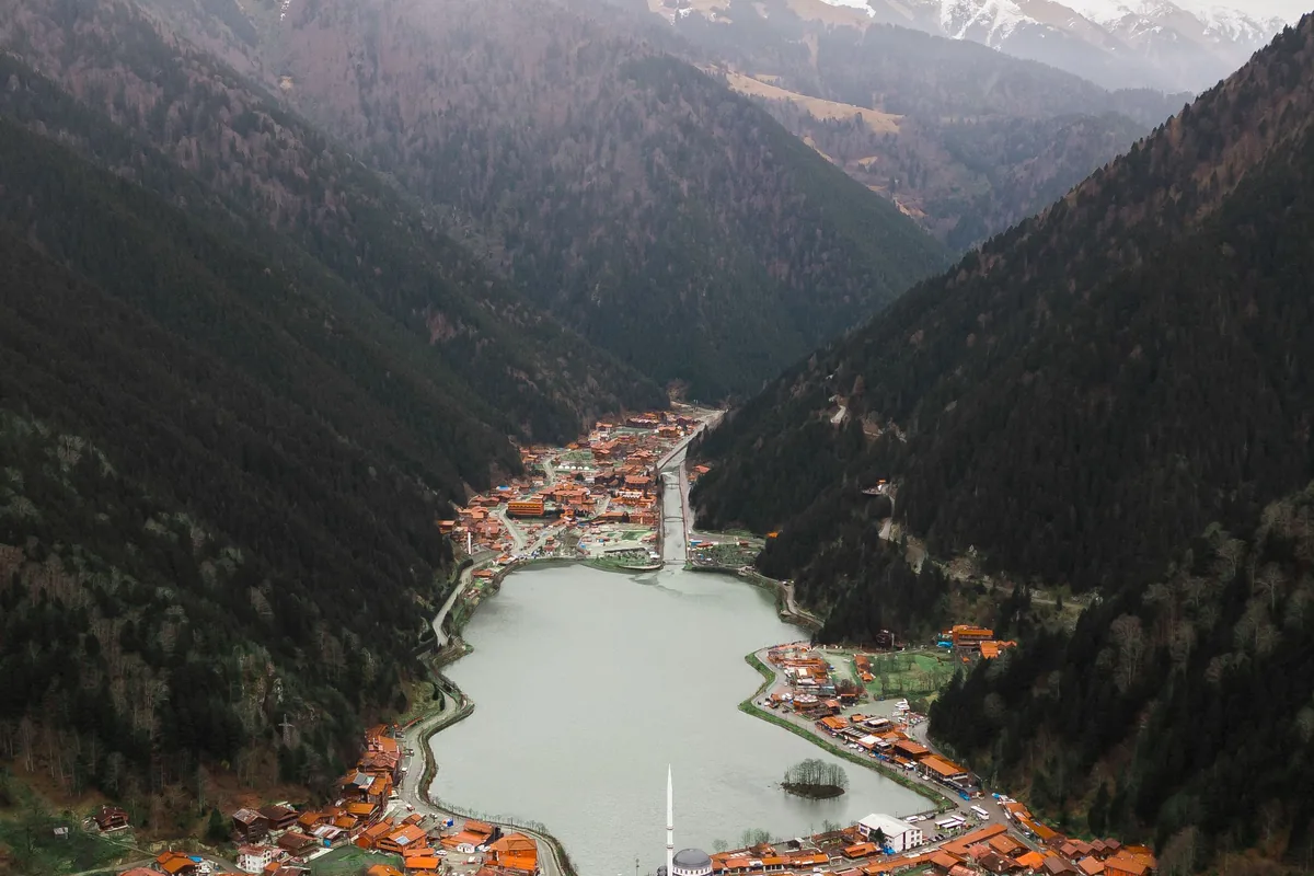Uzungöl lake seen from above in a deep green valley of the Black Sea mountains, Trabzon